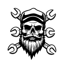 Black and white skull design with wrenches for mechanic and automotive themes