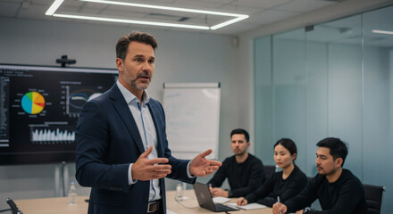 A confident businessman presenting data to colleagues during a modern office meeting.