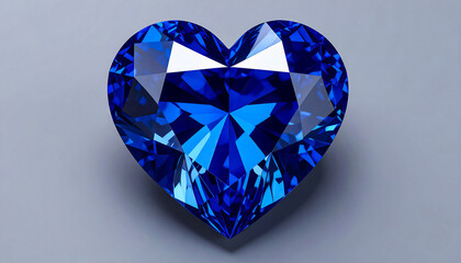 SAPPHIRE in a faceted HEART shape lies on a grey surface; flat lay; wallpaper