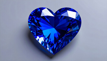 SAPPHIRE in a faceted HEART shape lies on a grey surface; flat lay; wallpaper