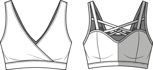 Women’s crossover sports bra with strappy back, cad drawing, flat vector fashion illustration, front and back technical clothing sketch