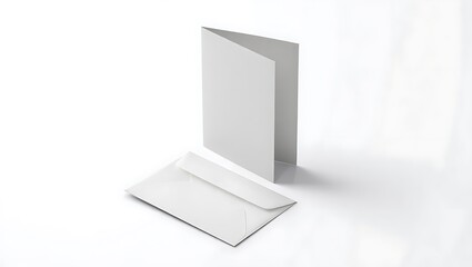 A blank white greeting card standing upright with a matching envelope on a white surface studio shot