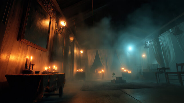 Wide-angle shot of a haunted house interior with flickering candlelight, floating dust, and eerie shadows.