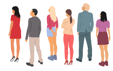 Obraz premium Set of two men and four women, looking up, back view, profile, different colors, cartoon character, group of silhouettes of standing business people, design concept of flat icon, isolated on white