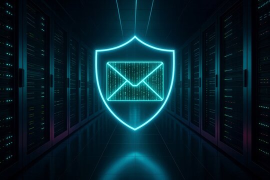 Cybersecurity Email Protection Digital Security Concept Depicted with Futuristic Neon Colors in Server Room Suitable for Technology Posters and Online Content