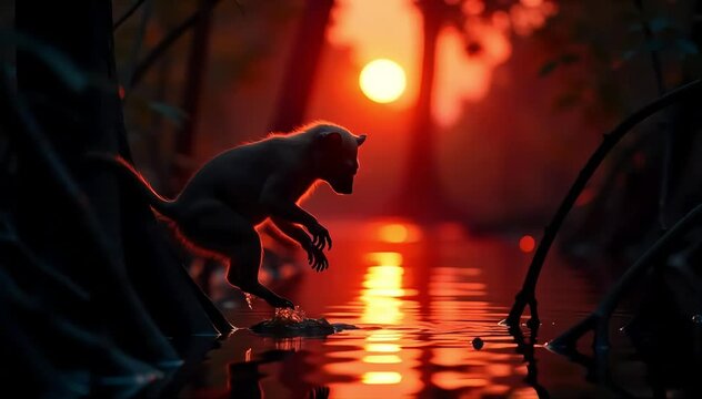 Aye aye holding its baby close on a tree limb