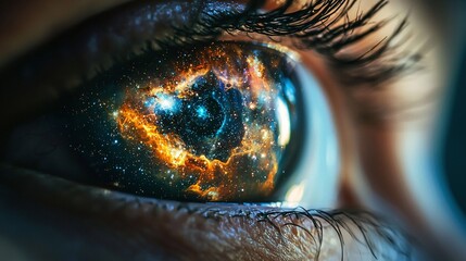 A close-up of a human eye reflecting a vivid, cosmic nebula with bright stars and colorful gaseous clouds.