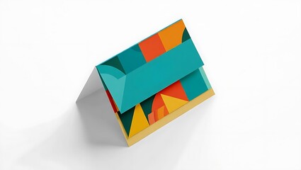 Abstract geometric design with teal band and colorful shapes on a white background studio shot