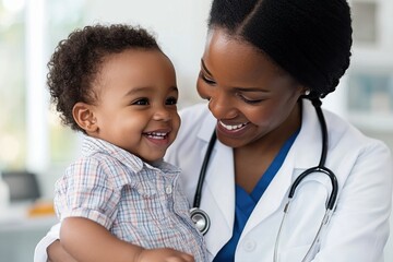 Friendly pediatrician holding a smiling baby in her arms