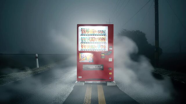 Mysterious fog actions around outdoor vending machine on desolate road scene