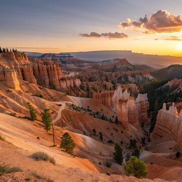 Grand Canyon and Bryce Canyon sunset landscape with red rocks and desert mountains in Arizona and Utah National Parks