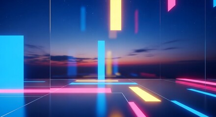 Evocative neon lights dance against the twilight sky reflecting on a serene surface in the city of dreams a vibrant and