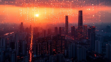 Futuristic Cityscape: Digital Network Overlaying Urban Infrastructure at Sunset