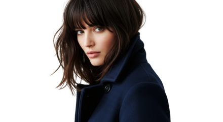 Woman wearing a dark blue coat.