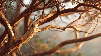 Close-up of tree branches intertwining in a natural network under soft golden morning light, showcasing intricate patterns and high detail in a serene natural environment with warm tones.