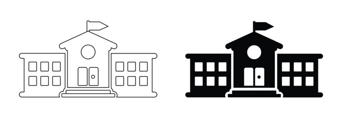 Simple Black and White School Building Silhouettes icon on white background 