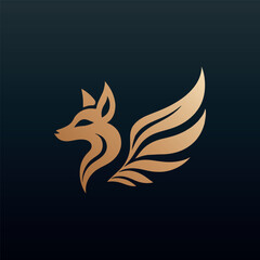Elegant golden fox head with stylized winged tail on dark background abstract logo design