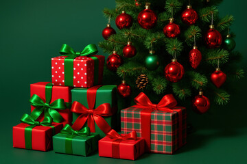Festive Christmas scene with beautifully wrapped gifts adorned with colorful ribbons under a Christmas tree decorated with red ornaments, capturing holiday spirit and joy