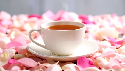 Fototapeta premium White teacup filled with warm tea, surrounded by rose petals