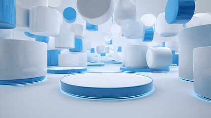 3d rendering of white and blue abstract geometric background. Scene for advertising, technology, showcase, banner, game, sport, cosmetic, business, metaverse. Sci-Fi Illustration. Product display