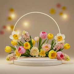 Podium with floral arrangement at gala event, soft warm lighting. AI generated