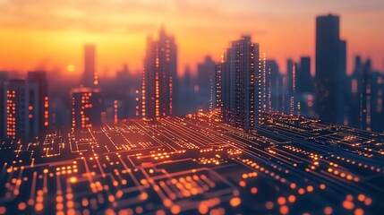 Futuristic Cityscape with Integrated Technology at Sunset Orange Hues