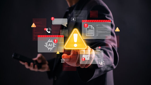 Cybersecurity alert with virtual warning signs of AI threats, data breach, hacking attempts, and malware risks in digital systems, online security, data leaks, phishing risk and information protection