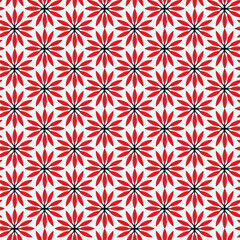 Red and black floral pattern featuring stylized flowers on a light background, creating a vibrant and repetitive design.