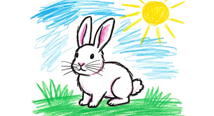 Naive children's drawing of a rabbit with crayon colors on white paper depicting a sunny day with blue sky and grass. This charming rabbit illustration captures innocence and joy