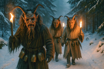 mysterious krampus figures holding torches in a snowy forest during winter holiday celebration evoking eerie and mythical atmosphere with traditional costumes and folklore elements