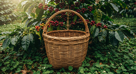 Woven basket near a coffee tree laden with ripe coffee cherries in a lush green environment