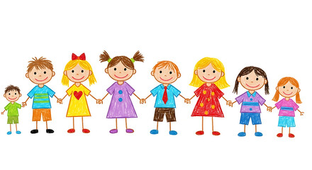 Group of happy children holding hands in colorful outfits, showcasing joy and friendship. These diverse kids represent unity and childhood happiness in various playful styles.