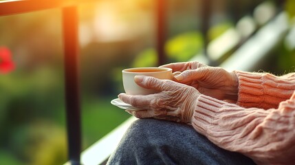 Senior Woman Tea Outdoor Balcony.