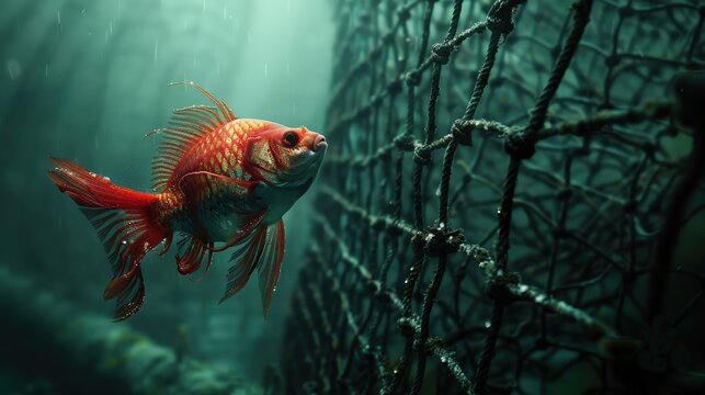 A conceptual image of a single vibrant fish swimming freely near a fishing net. The scene captures the beauty of marine life and the potential danger of bycatch and overfishing