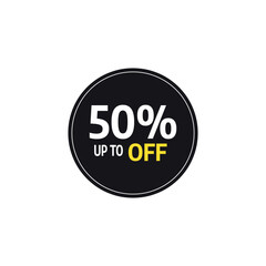 Black circle badge with fifty percent up to off text in white and yellow for sales promotions