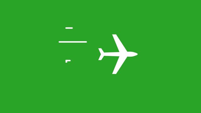 Airplane icon animation. black color plane and air currents. Alpha channel and green background.