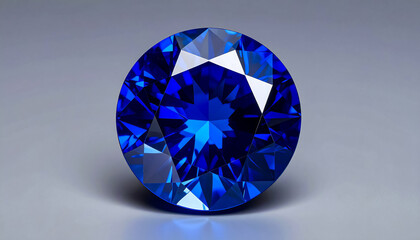SAPPHIRE in a faceted ROUND shape lies on a grey surface; flat lay; wallpaper