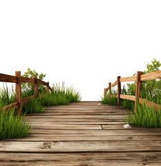 Obraz premium Wooden boardwalk path between rustic fences, leading into distance. Lush green grass borders the path