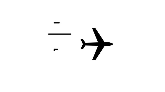 Airplane icon animation. black color plane and air currents. Alpha channel and white background.