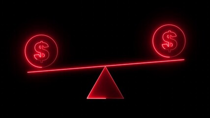 animated footage of moving scales network dollar business technology Up down. Financial balance concept with neon dollar symbols on black background Dollar, scale animation. 