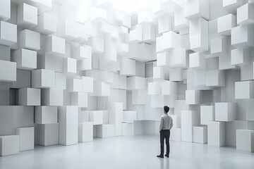 Man in a White Cube Room Contemplating Future Challenges and Seeking Solutions, Modern Art
