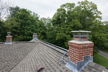 Multiple Brick Chimneys on Shingled Roof with Trees in Background