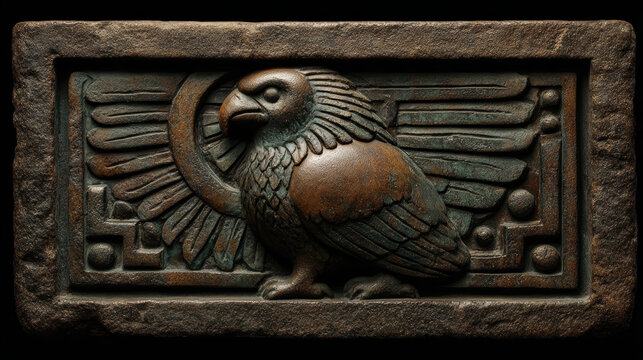 Ancient-style bronze relief embedded in oxidized stone wall - Powered by Adobe