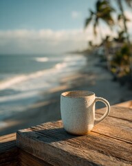 Minimalist white coffee mug with ergonomic handle on weathered teak table, tropical beach with palm trees and ocean waves, coastal villas under morning sunlight, serene hospitality scene.
