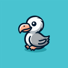 Obraz premium Adorable cartoon dodo bird character sitting and looking curious with a friendly expression on a blue background
