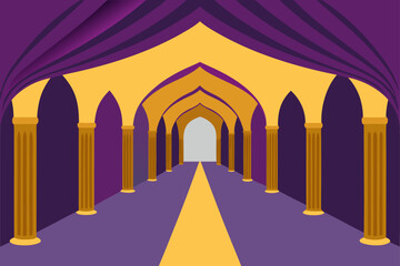 Palace hallway with gold arches and purple curtains