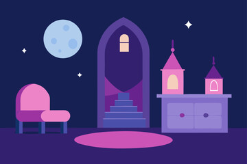 princess tower room with pink furniture and moonlight
