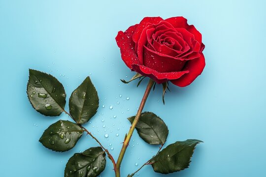 A vibrant red rose with glistening water droplets lies flat against a soft light blue background, highlighting its delicate petals and rich green leaves. The composition emphasizes natural beauty - Powered by Adobe