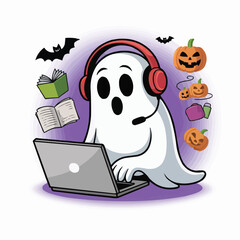 Cute Halloween Ghost with Laptop and Headset Remote Work or Online Study Vector

