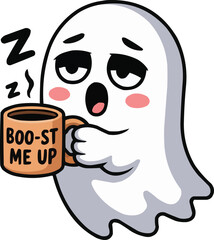 Sleepy Ghost Drinking Coffee  Funny “Boo-st Me Up” Halloween Cartoon

